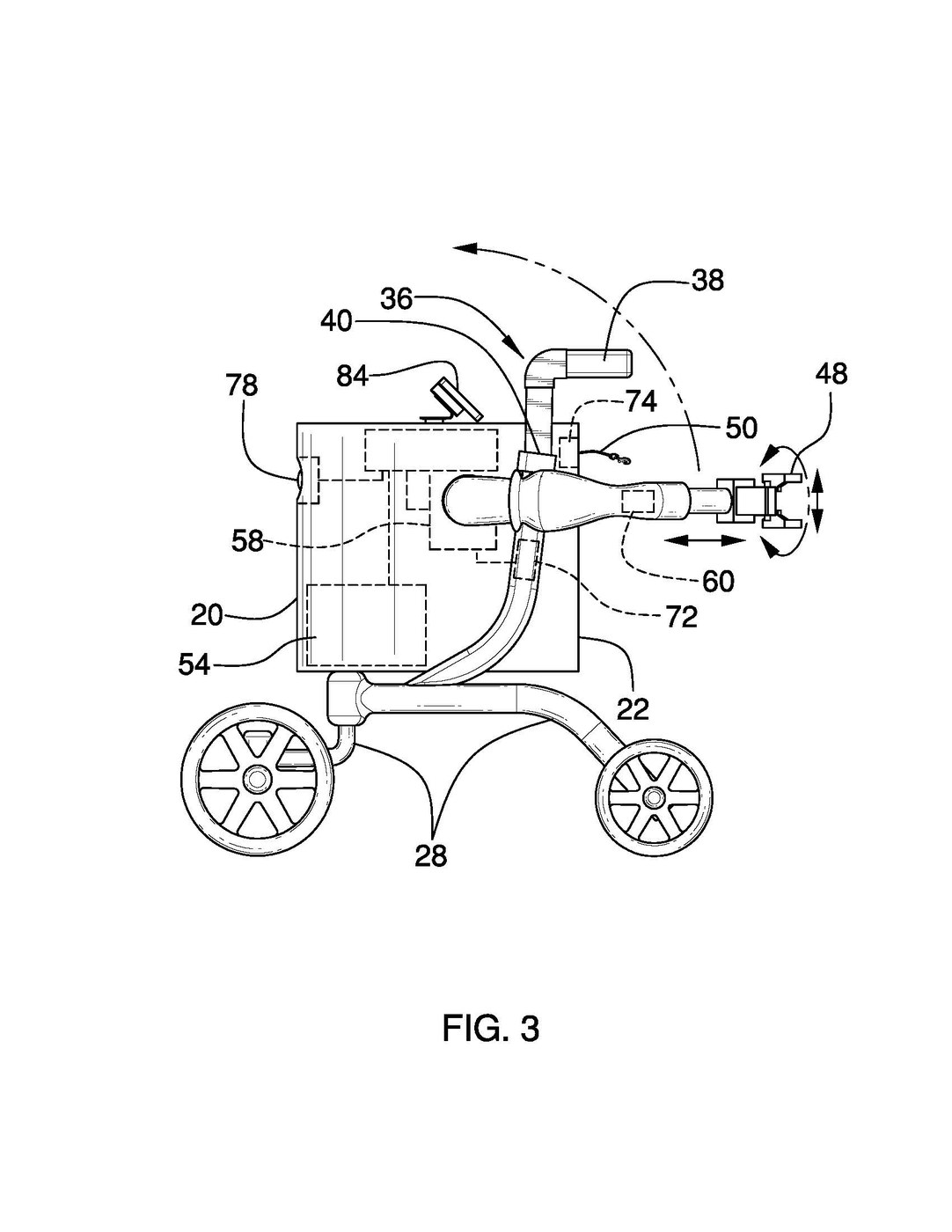 Patent drawing, figure 3: the same walker seen from the side, showing the arm's range of movement and the internal housing.
